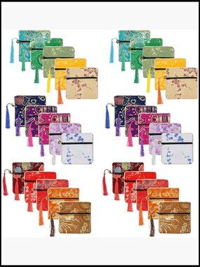 30 Silk Brocade Jewelry Pouches with Tassels Chinese Style Zipper Bags for Gifts